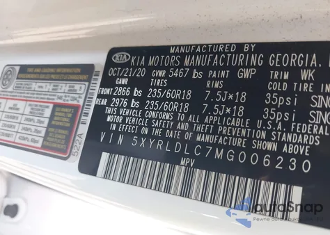 2021 Kia Sorento S z USA, uszkodzony, nr VIN 5XYRLDLC7MG006230